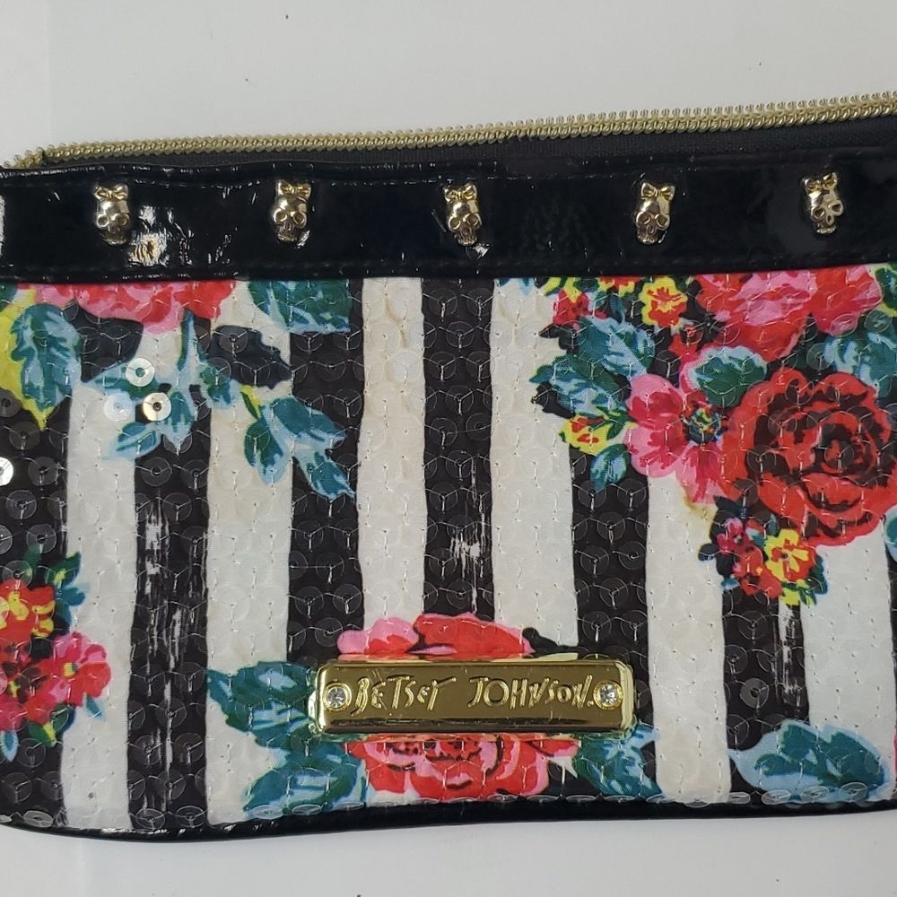 Betsey Johnson Sequined Flowers and Stripes Wristlet Gold Toned Accents - Picture 9 of 11